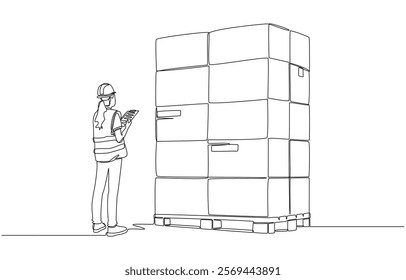 Continuous one line drawing of female warehouse worker checking parcel goods on pallet, warehouse and logistics  concept, single line art