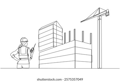 Continuous one line drawing of female engineer holding walkie-talkie to monitor construction site, construction project progress monitoring concept, single line art.