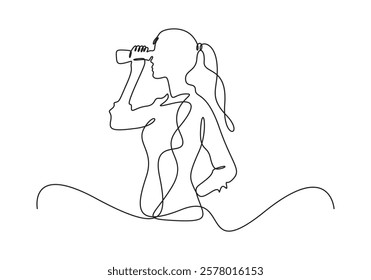 Continuous one line drawing of a female holding binocular vector illustration