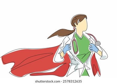 Continuous one line drawing female doctor wearing robe and wings. Pose ready whenever needed. A true hero. Professional. Metaphor. National Superhero Day. Single line draw design vector illustration