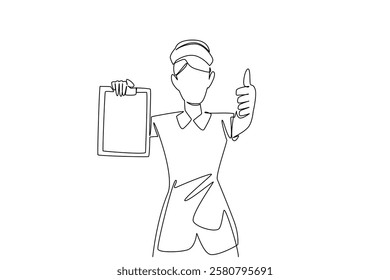 Continuous one line drawing female nurse with nurse cap holding clipboard and making thumbs up gesture. Allowed to go home. Healthy. National Nurses Day. Single line draw design vector illustration
