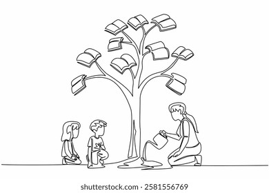 Continuous one line drawing female teacher watering a tree whose leaves are in the form of books. Cultivate a hobby of reading. National Day of Teacher. Single line draw design vector illustration