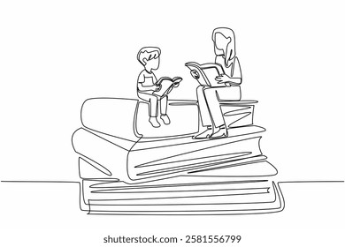 Continuous one line drawing female teacher and male student sitting and holding books in pile of thick books. Accompanying teacher. National Day of Teacher. Single line draw design vector illustration