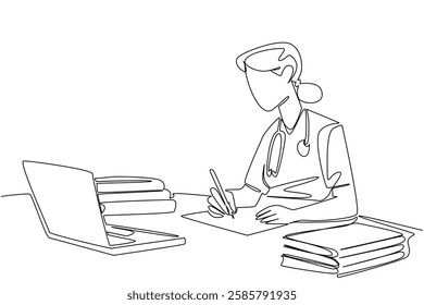 Continuous one line drawing female student nurse wearing stethoscope writing at desk. Final theory test online. Give the best. National Student Nurse Day. Single line draw design vector illustration