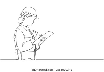 Continuous one line drawing of female shipping worker checking cargo of container, international logistics and shipping concept, single line art