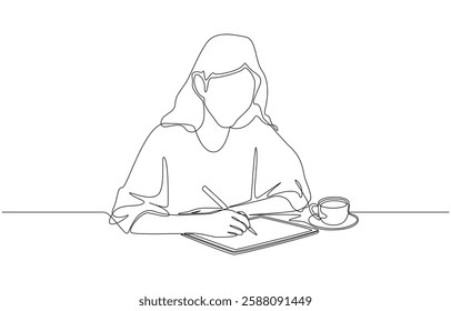 Continuous one line drawing of Female digital artist working with digital tablet at coffee shop, freelance career, working outside home concept, single line art