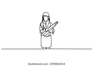 Continuous one line drawing of female architect holding blueprint paper. Single line drawing illustration of woman construction worker. Work profession concept vector art. Doodle line illustration.

