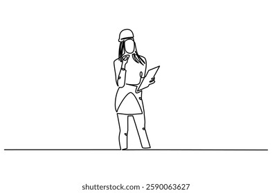 Continuous one line drawing of female architect holding blueprint paper. Single line drawing illustration of woman construction worker. Work profession concept vector art. Doodle line illustration.
