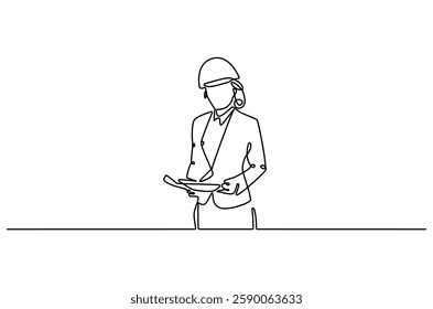 Continuous one line drawing of female architect holding blueprint paper. Single line drawing illustration of woman construction worker. Work profession concept vector art. Doodle line illustration.
