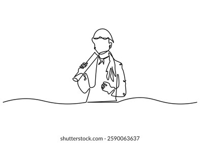 Continuous one line drawing of female architect holding blueprint paper. Single line drawing illustration of woman construction worker. Work profession concept vector art. Doodle line illustration.
