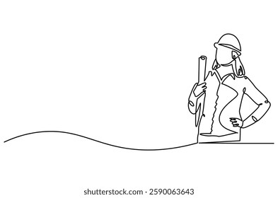 Continuous one line drawing of female architect holding blueprint paper. Single line drawing illustration of woman construction worker. Work profession concept vector art. Doodle line illustration.
