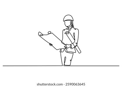 Continuous one line drawing of female architect holding blueprint paper. Single line drawing illustration of woman construction worker. Work profession concept vector art. Doodle line illustration.
