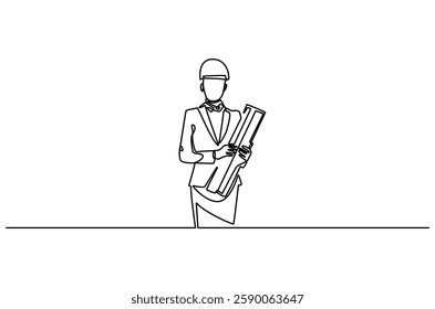 Continuous one line drawing of female architect holding blueprint paper. Single line drawing illustration of woman construction worker. Work profession concept vector art. Doodle line illustration.
