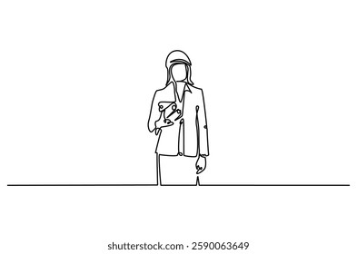 Continuous one line drawing of female architect holding blueprint paper. Single line drawing illustration of woman construction worker. Work profession concept vector art. Doodle line illustration.
