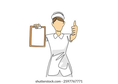 Continuous one line drawing female nurse with nurse cap holding clipboard and making thumbs up gesture. Allowed to go home. Healthy. National Nurses Day. Single line draw design vector illustration