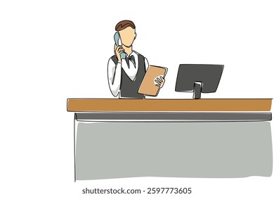 Continuous one line drawing a female receptionist stands holding a telephone receiver and a clipboard. Explaining over the phone. Info. Receptionist Day. Single line draw design vector illustration