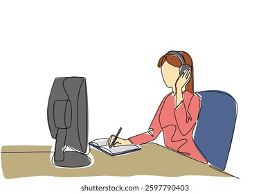 Continuous one line drawing female customer support holding headphones and one hand is writing in a book. Professional. International Customer Support Day. Single line draw design vector illustration