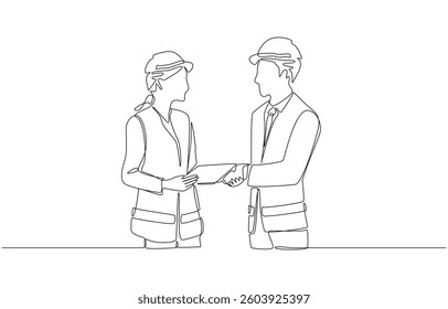 Continuous one line drawing of female engineer shaking hands with project manager, engineering business concept, single line art