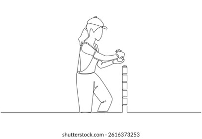 Continuous one line drawing of female construction builder building brick wall, construction work concept, single line art