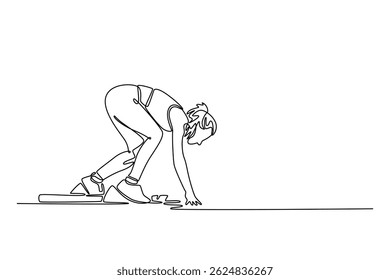Continuous one line drawing female runner using a starting block to start run on running track in stadium. Woman athlete practicing speed running marathon. Single line draw design vector illustration