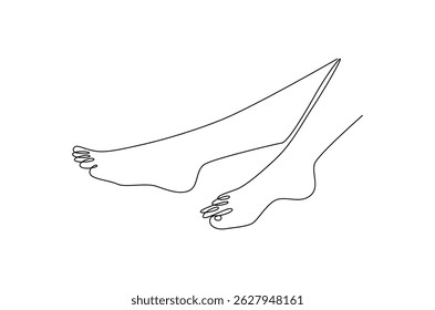 Continuous one line drawing of Female feet with pedicure. Single line drawing illustration of Woman legs of skincare for beauty. Health and wellness concept vector art. Doodle line illustration.