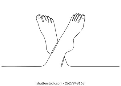 Continuous one line drawing of Female feet with pedicure. Single line drawing illustration of Woman legs of skincare for beauty. Health and wellness concept vector art. Doodle line illustration.