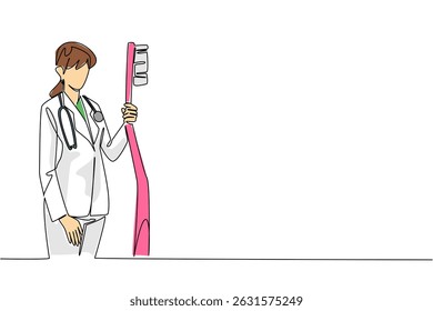 Continuous one line drawing female doctor in full medical attire holding big toothbrush. A brief explanation from a specialist doctor. National Dentist Day. Single line draw design vector illustration
