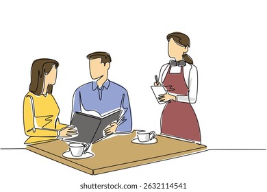 Continuous one line drawing female waitstaff with apron writing down orders for male and female customers. Serving with friendliness National Waitstaff Day. Single line draw design vector illustration