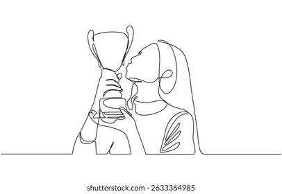 Continuous one line drawing female athlete wearing jersey kissing trophy after winning, Proud achievement. Dynamic one line draw graphic design vector illustration.