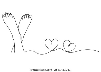 Continuous one line drawing of Female feet pedicure with love signs. Single line drawing illustration of Woman legs of skincare for beauty. Foot care concept vector art. Doodle line illustration.
