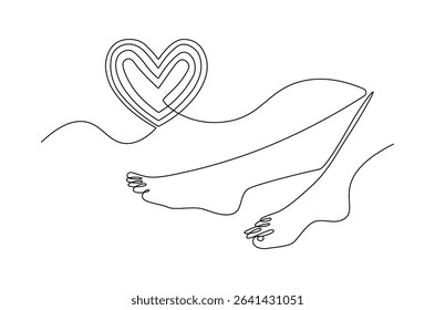 Continuous one line drawing of Female feet pedicure with love signs. Single line drawing illustration of Woman legs of skincare for beauty. Foot care concept vector art. Doodle line illustration.