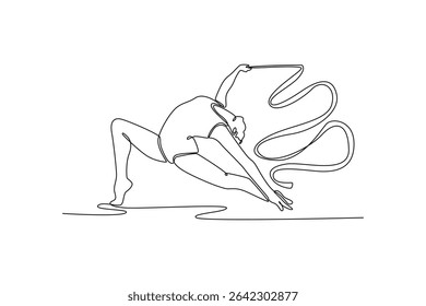 Uma linha contínua desenhando a ginasta feminina graciosamente manobrando a fita, seu talento artístico e precisão em uma performance fascinante de ginástica. Ilustração gráfica vetorial de design de desenho de linha única