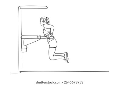 Uma linha contínua desenhando ginasta feminina treinamento no ginásio, flexível e poder. Atleta em roupas esportivas praticando em exercícios de força, equilíbrio. Ilustração gráfica vetorial de design de desenho de linha única