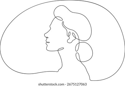 Continuous one line drawing female profile. Portrait of a woman. Ink line. Line art.One continuous line isolated illustration.Not AI.