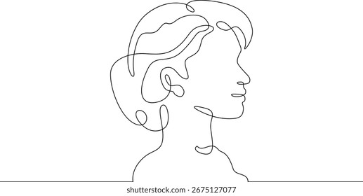 Perfil femenino de dibujo continuo de una línea. Retrato de una mujer. Tinta. Línea art.One línea continua aislada illustration.Not AI.