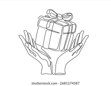 Dibujo continuo de una línea de manos femeninas sostiene el regalo con lazo de cinta. Festiva presente, Navidad, año nuevo, cumpleaños, día de San Valentín, 8 de marzo. Sorpresa. Dibujado a mano un Vector de línea. Trazo editable.	