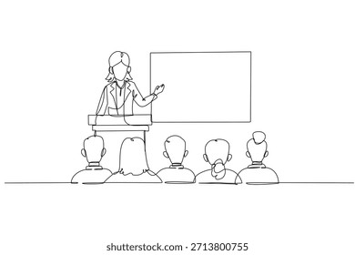Continuo una línea dibujando altavoz femenino en el podio con micrófono, presentando a la audiencia de colegas sentados o asistentes, conferencia de negocios. Ilustración gráfica de Vector de diseño de línea única