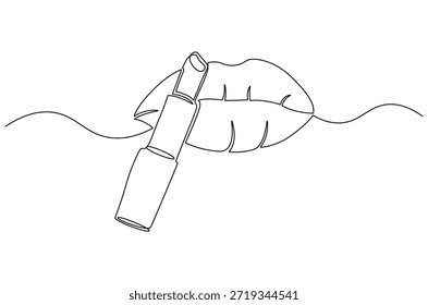 Dibujo continuo de una línea de impresiones de lápiz labial femenino. Ilustración de dibujo de una sola línea de labios con Producto de lápiz labial. Diseño de Vector de moda para el Arte vectorial de concepto de Producto. Ilustración de línea Doodle.