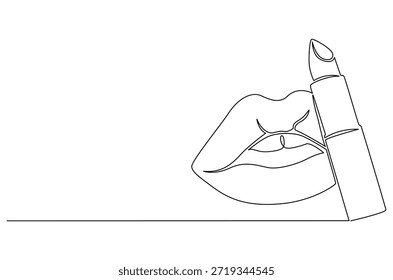 Dibujo continuo de una línea de impresiones de lápiz labial femenino. Ilustración de dibujo de una sola línea de labios con Producto de lápiz labial. Diseño de Vector de moda para el Arte vectorial de concepto de Producto. Ilustración de línea Doodle.