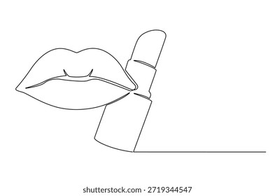 Desenho contínuo de uma linha de impressões de batom feminino. Ilustração de desenho de linha única de Lábios com batom Produto. Projeto vetor na moda para o conceito de produto arte vetorial.