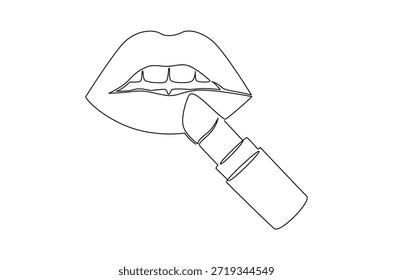 Dibujo continuo de una línea de impresiones de lápiz labial femenino. Ilustración de dibujo de una sola línea de labios con Producto de lápiz labial. Diseño de Vector de moda para el Arte vectorial de concepto de Producto. Ilustración de línea Doodle.