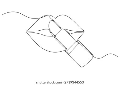 Dibujo continuo de una línea de impresiones de lápiz labial femenino. Ilustración de dibujo de una sola línea de labios con Producto de lápiz labial. Diseño de Vector de moda para el Arte vectorial de concepto de Producto. Ilustración de línea Doodle.