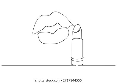 Continuous one line drawing of Female lipstick prints. Single line drawing illustration of Lips with Lipstick Product. Trendy vector design for Product concept vector art. Doodle line illustration.