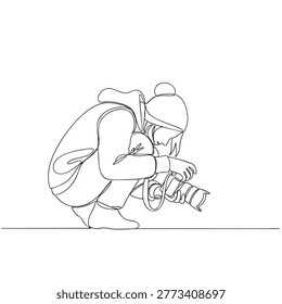 continuous one line drawing of female photographer holding camera.