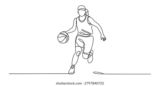 Continuous one line drawing of a female basketball player dribbling the ball during a game Vector, illustration