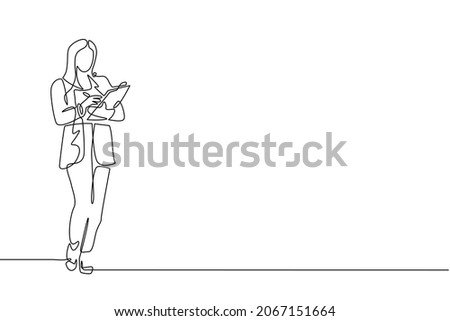 Continuous one line drawing female office secretary writing with clipboard. Smart woman in elegant wear, assisting in paper work. Business workwear trend, city fashion. Single line draw design vector