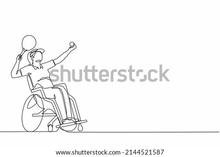 Continuous one line drawing female athlete with disability playing tennis sitting in wheelchair.  sportswoman holding racket and serve the ball. Single line graphic design vector illustration