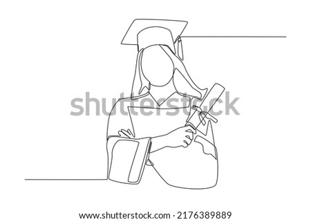 Continuous one line drawing female student wearing a gown and a hat holding a certificate graduating from high school college. Education concept. Single line draw design vector graphic illustration.