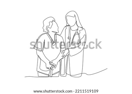 Continuous one line drawing Female Doctor helping old woman patient with walking stick to walk. Doctor and Patient concept. Single line draw design vector graphic illustration.