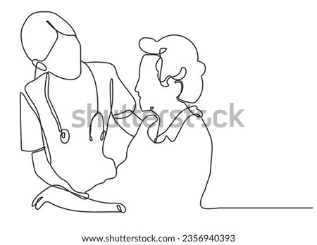 Continuous one line drawing Female Doctor helping old woman. Doctor and Patient concept. Single line draw design vector graphic illustration
